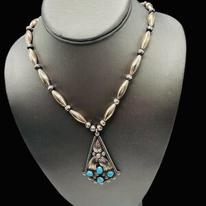Vintage Native American Navajo Sterling Bead and Turquoise Pendant Necklace